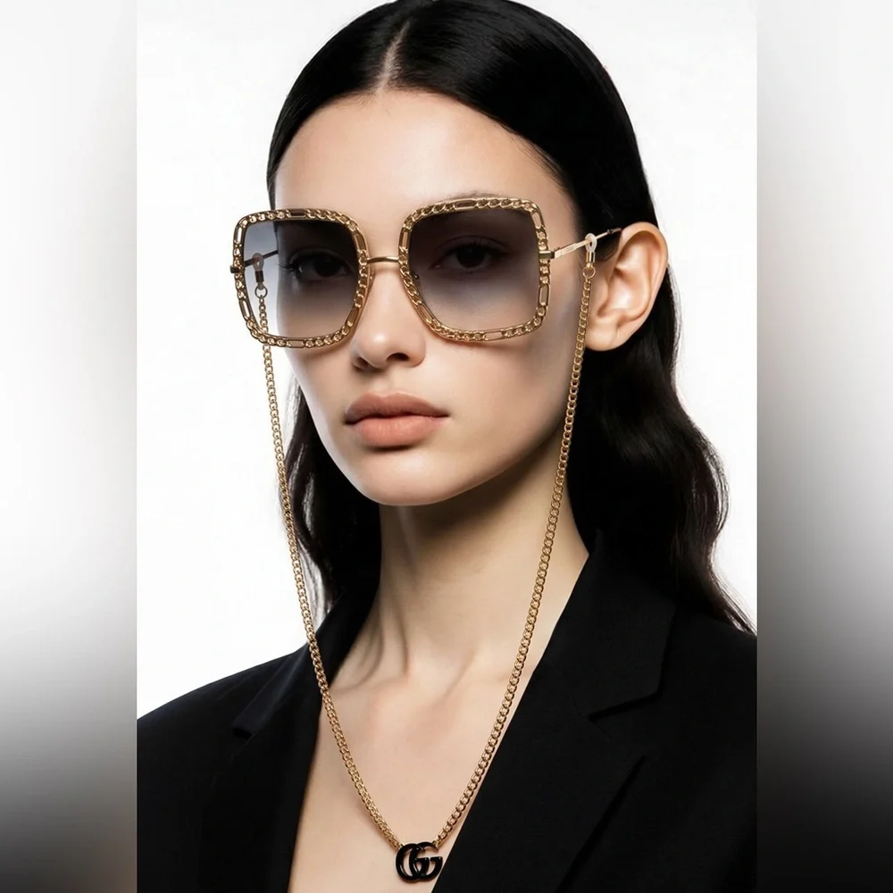 New Authentic Gucci Sunglasses Women's GG1033S 002 Gold Necklace Chain 57-21-215